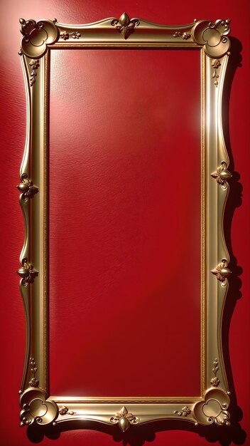 Foto foto de un lujoso espejo enmarcado en oro colgado en una pared roja vibrante