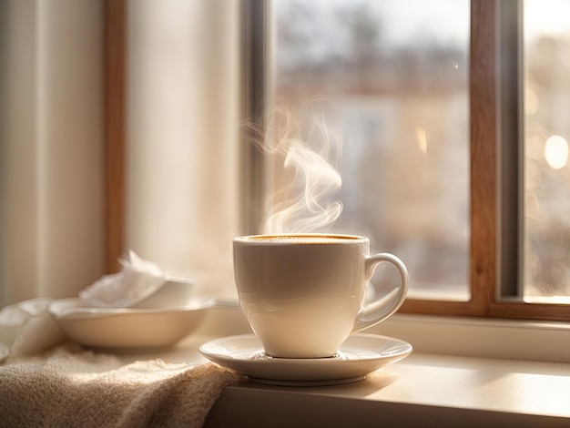 Foto luminosa en tonos blanco y beige Una taza de café caliente con vapor en el alféizar de la ventana Ambiente acogedor y hogareño en colores pastel Esta foto fue generada con Leonardo AI