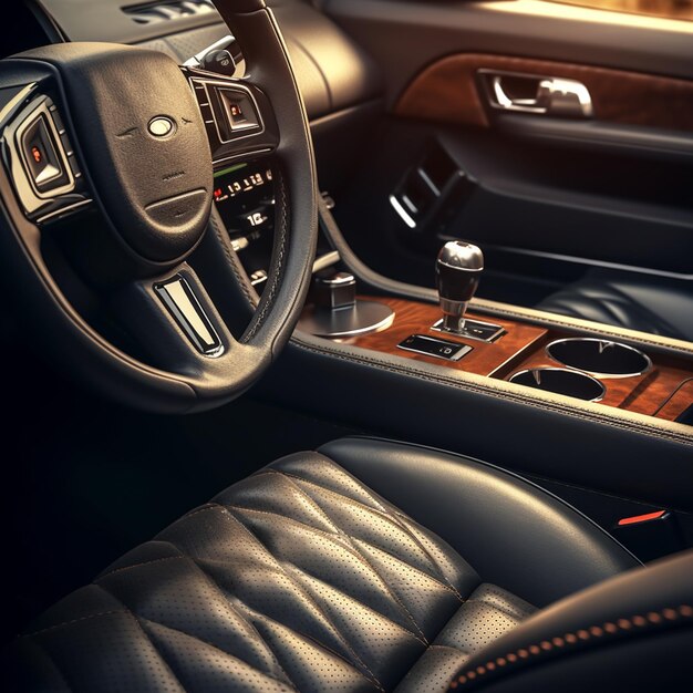 Foto luxuriöses schwarzes Auto Interiordetails Innen Sitzsteuerungspaneel