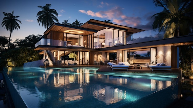 Foto foto luxus-pool-villa spektakuläres zeitgenössisches design digitale kunst generiert von ki