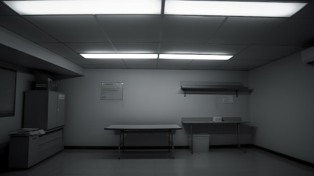 Una foto de una luz fluorescente en un telón de fondo estéril de una oficina vacía