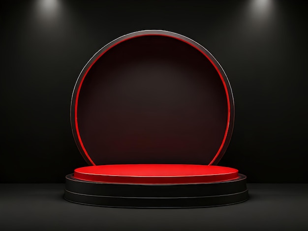 Foto foto de luz roja en el podio redondo y fondo negro para el simulacro
