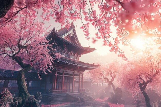 En esta foto la luz del sol ilumina los árboles de cerezos en flor creando un hermoso contraste de luz y sombras Árboles de cerezas en flor que florecen alrededor de un antiguo templo Generado por IA
