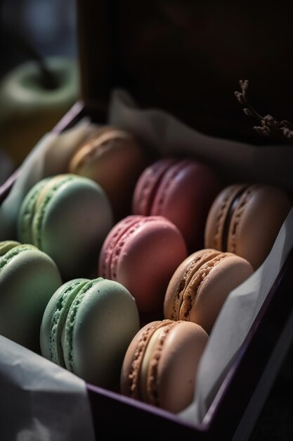 Foto macaron colorido en la caja foto de cerca