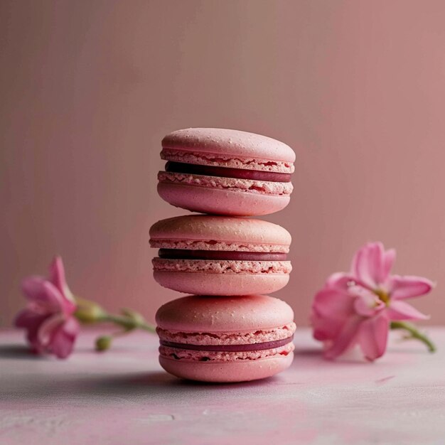 foto de macarrones rosados de pastelería sobre un fondo de flores