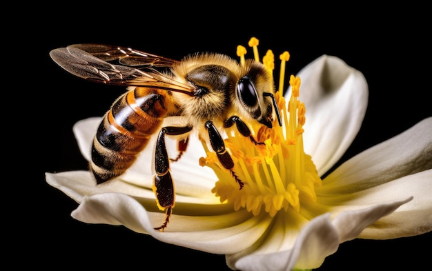 Una foto macro de una abeja recogiendo néctar de una flor