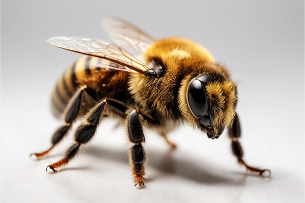 Foto foto macro de la abeja sobre un fondo blanco