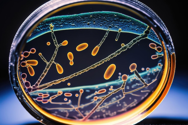 Foto foto macro aproximada de bactérias em placa de petri de laboratório por ia generativa