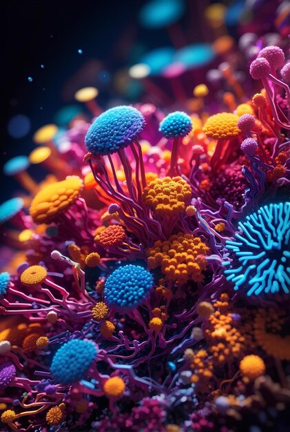 Una foto macro de bacterias y virus coloridos y vivos en el microscopio