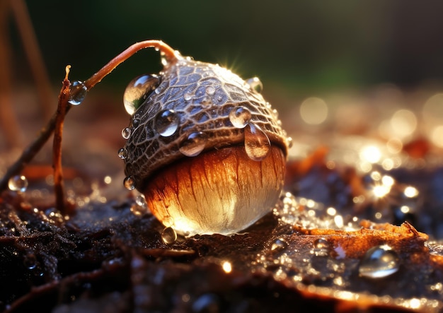 Una foto macro de una bellota dewkissed a la luz de la mañana