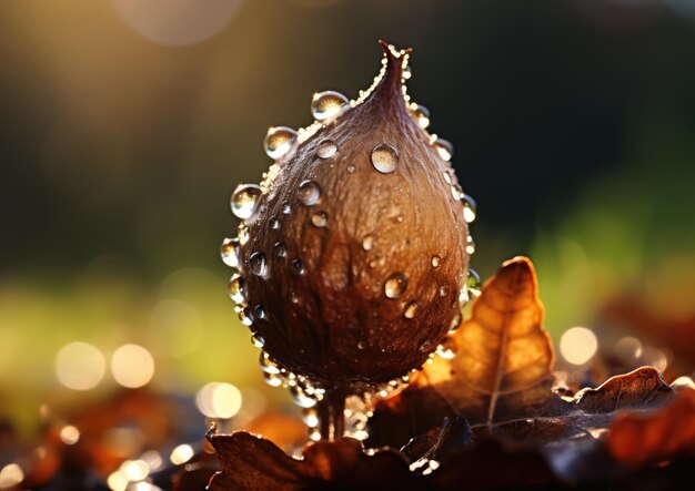 Una foto macro de una bellota dewkissed a la luz de la mañana