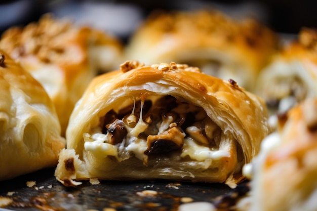 Foto macro de bourekas rellenas de champiñones marinados picantes y queso derretido con un crujiente