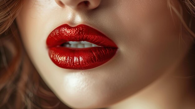 Foto macro de cerca de hermosos labios femeninos con lápiz labial rojo atractivo