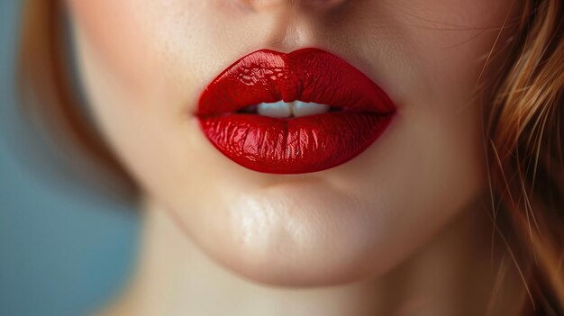 Foto macro de cerca de hermosos labios femeninos con lápiz labial rojo atractivo