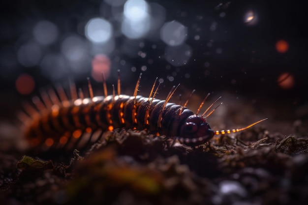 Una foto macro de un ciempiés Una oruga arrastrándose por el suelo en el bosque IA generativa