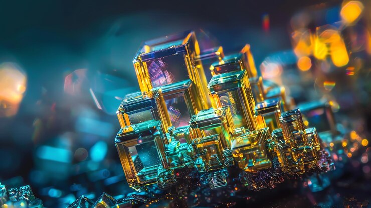 Foto una foto macro de un cristal colorido con un tono azul-verde y dorado