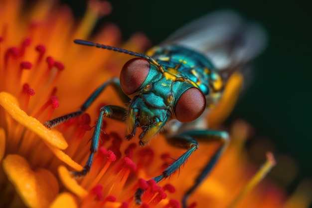 Foto foto macro de beleza alada de uma libélula colorida empoleirada em uma flor