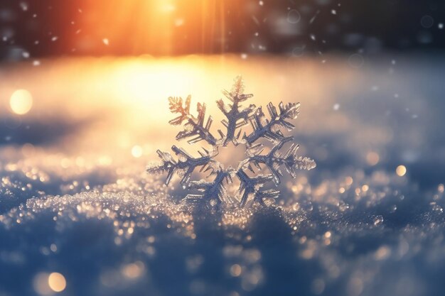 Foto macro de flocos de neve caindo fundo desfocado hiper real raios de sol muito detalhados 8k AI