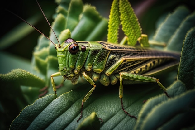 foto macro de um gafanhoto se alimentando das folhas de uma planta de jardim