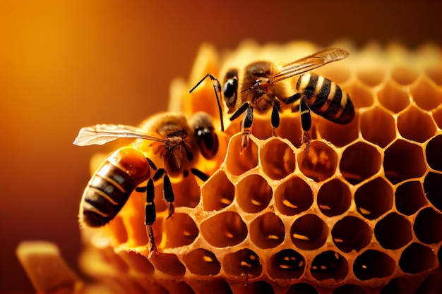 Foto foto macro de uma colmeia de abelhas em um favo de mel com copyspace. abelhas produzem mel fresco e saudável