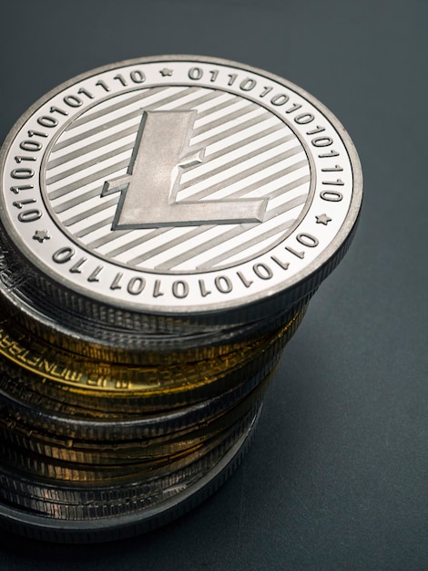 Foto macro de uma moeda de Litecoin Moedas criptográficas