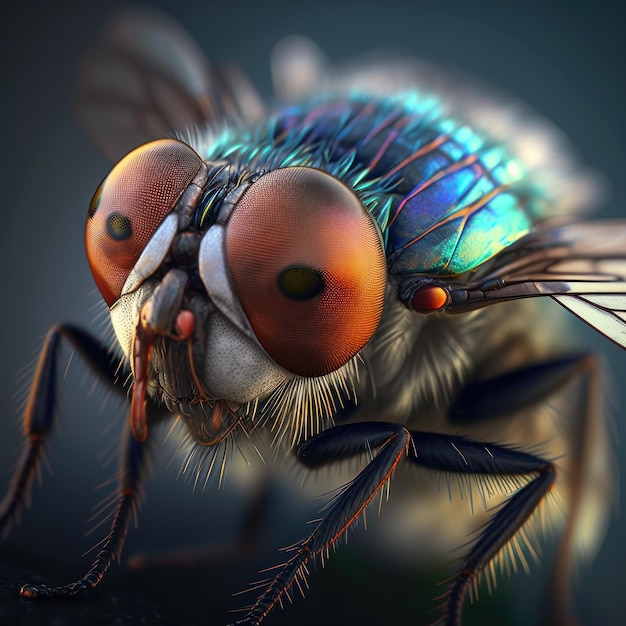 Foto macro de uma mosca doméstica com gradação de cores profissional