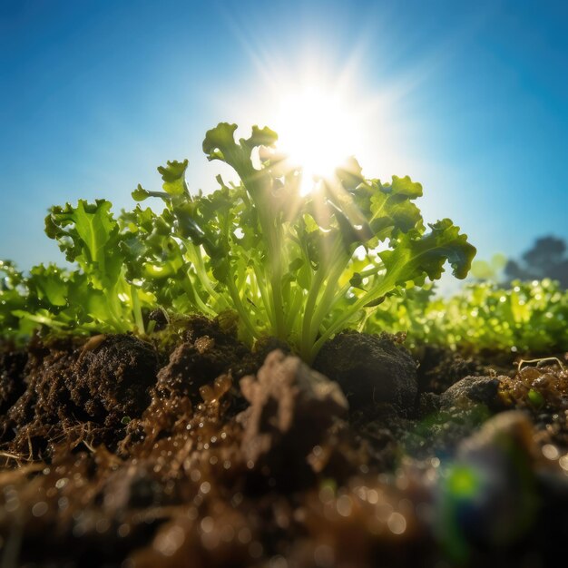 Foto macro de verduras frescas em uma cama de campos generative ai