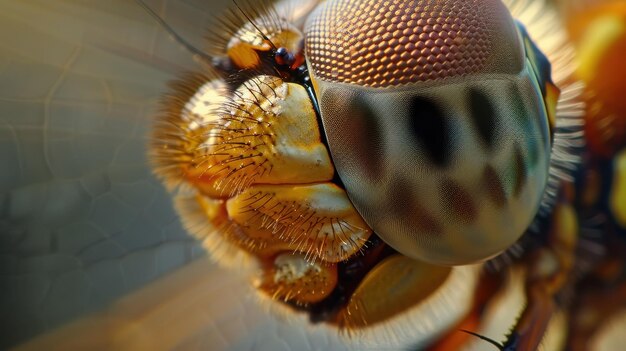 Una foto macro detallada de la cabeza de una libélula que destaca sus ojos compuestos y texturas intrincadas