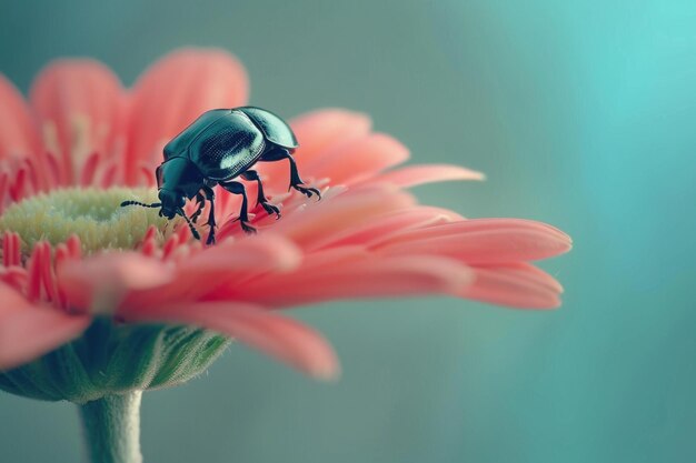 Una foto macro de un escarabajo en una flor de gerbera rosada vibrante