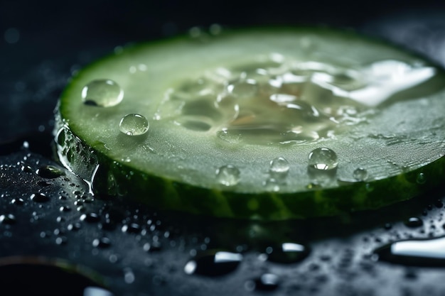 Foto macro fresca y refrescante de una rodaja de pepino verde fresca llena de hidratación