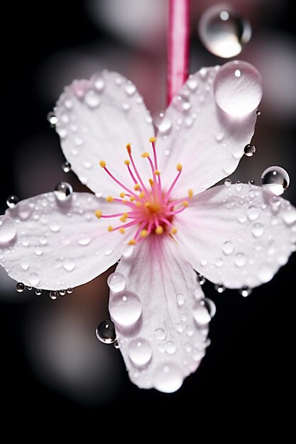 Una foto macro de una gota de agua suspendida en un pétalo de flor de cerezo