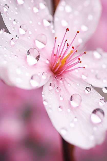 Una foto macro de una gota de agua suspendida en un pétalo de flor de cerezo