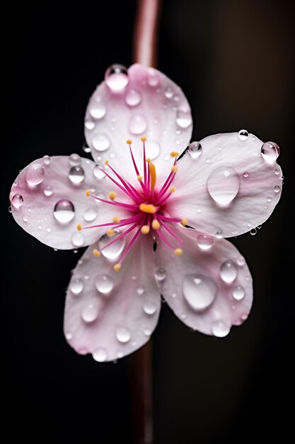 Una foto macro de una gota de agua suspendida en un pétalo de flor de cerezo