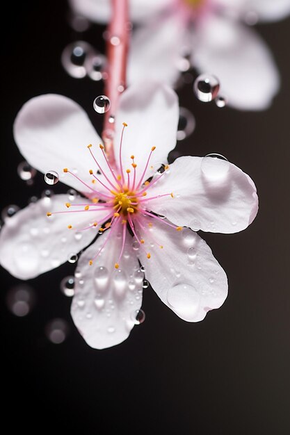 Una foto macro de una gota de agua suspendida en un pétalo de flor de cerezo