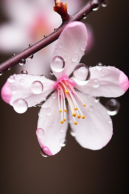 Una foto macro de una gota de agua suspendida en un pétalo de flor de cerezo