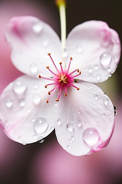 Una foto macro de una gota de agua suspendida en un pétalo de flor de cerezo