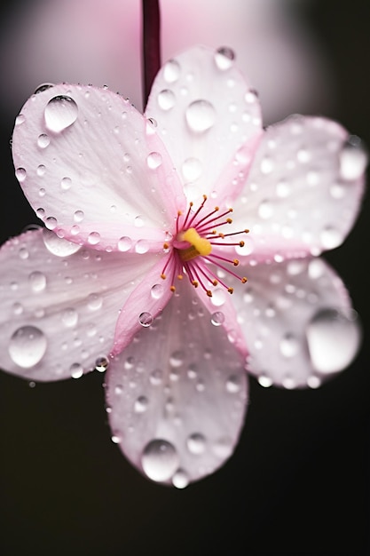 Una foto macro de una gota de agua suspendida en un pétalo de flor de cerezo