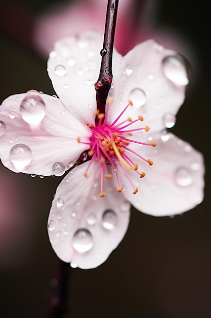 Una foto macro de una gota de agua suspendida en un pétalo de flor de cerezo