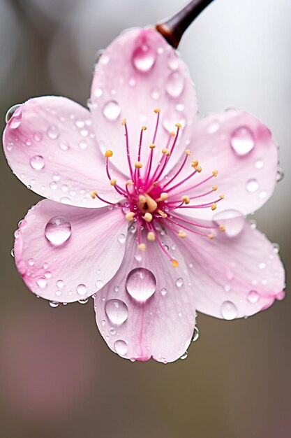 Una foto macro de una gota de agua suspendida en un pétalo de flor de cerezo