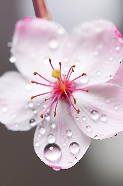 Una foto macro de una gota de agua suspendida en un pétalo de flor de cerezo