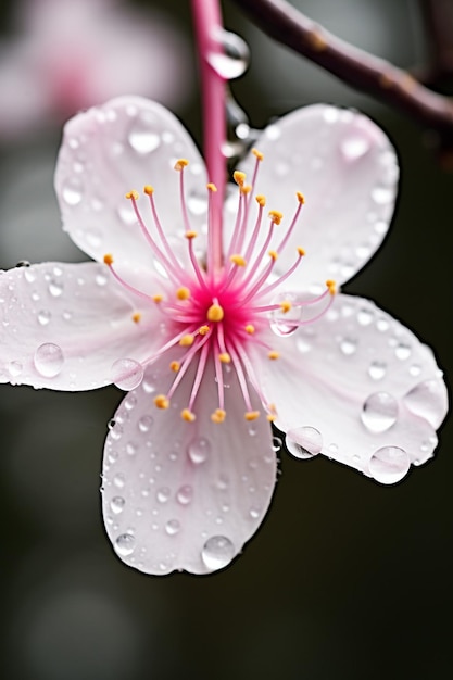 Una foto macro de una gota de agua suspendida en un pétalo de flor de cerezo