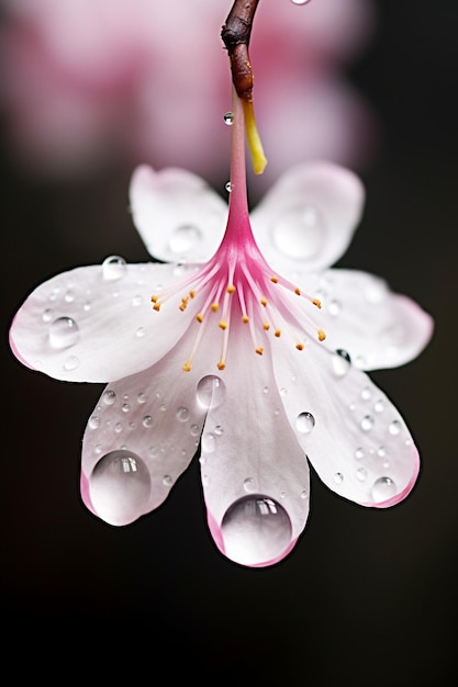 Una foto macro de una gota de agua suspendida en un pétalo de flor de cerezo