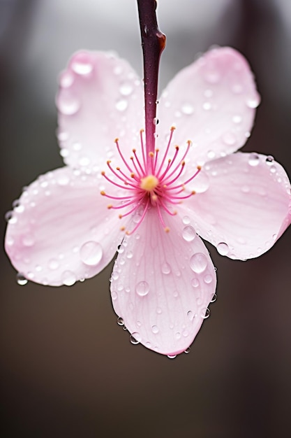 Una foto macro de una gota de agua suspendida en un pétalo de flor de cerezo