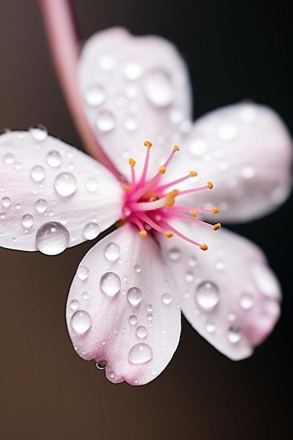 Una foto macro de una gota de agua suspendida en un pétalo de flor de cerezo