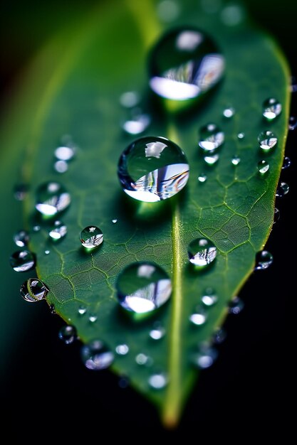 Foto foto macro de una gota de lluvia en una sesión de fotos de hojas naturales