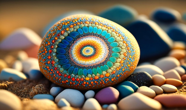 Una foto macro de un guijarro que destaca sus diferentes colores y patrones tomada en una playa o ribera