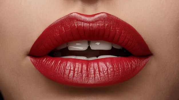 Una foto macro de un hermoso glamour de labios femeninos rojos brillantes