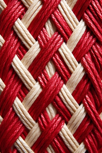 una foto macro de los hilos rojos y blancos entrelazados de un Martisor