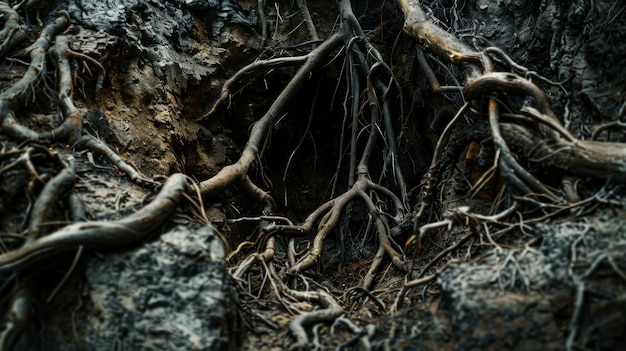 Foto una foto macro de la intrincada red de raíces y ramas de árboles expuestas en las paredes de un pozo