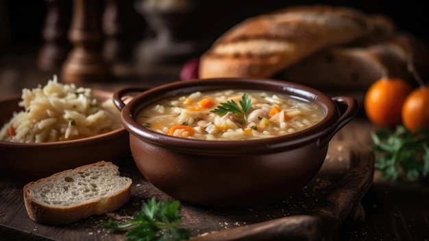 Foto macro Kapustnyak Sopa de chucrute na pedra Pub rústico Pratos ucranianos Generative AI